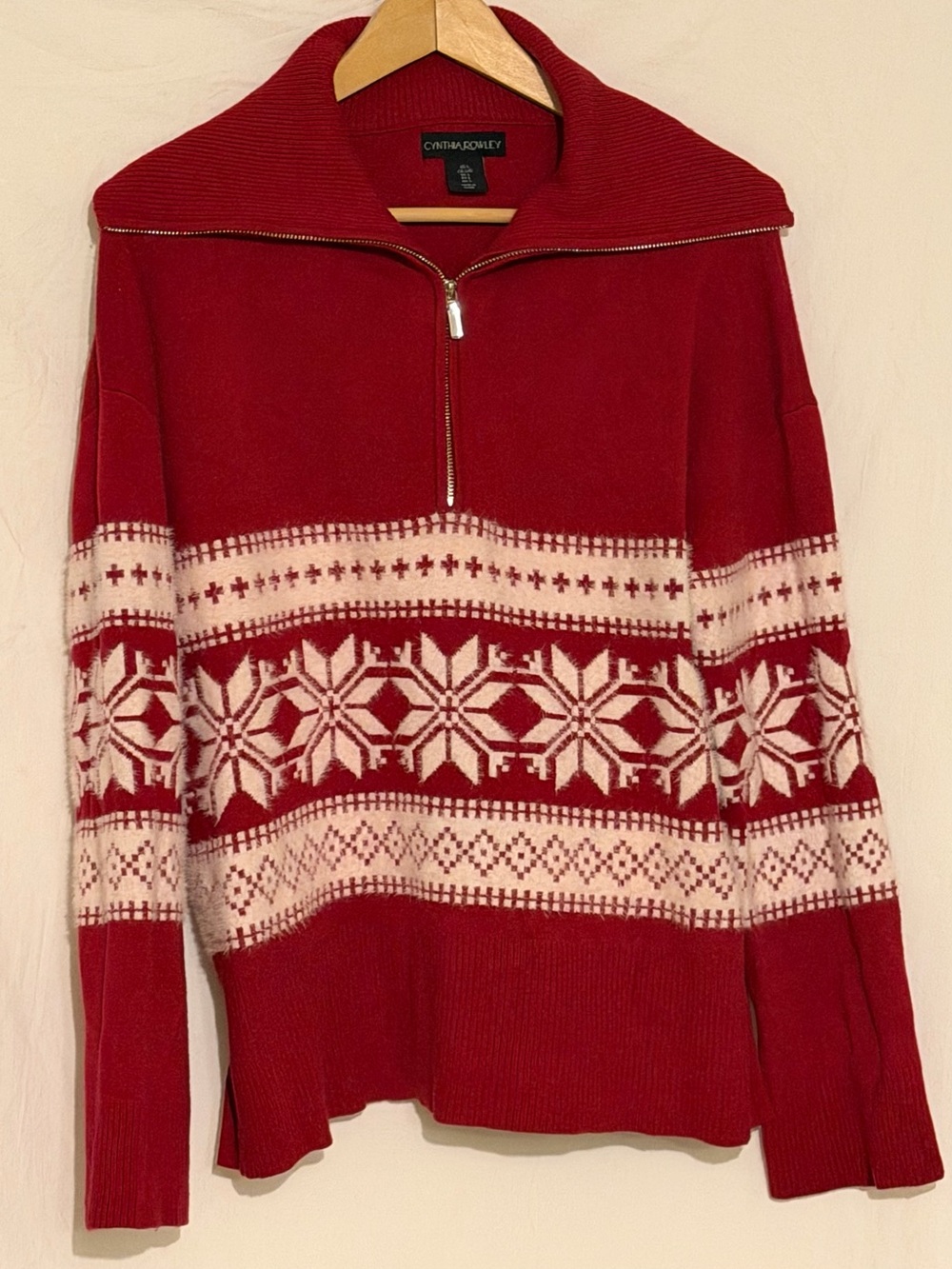 Red Fair Isle Quarter Zip Sweater Holiday Ski Holiday Snowflake Knit Pullover L
